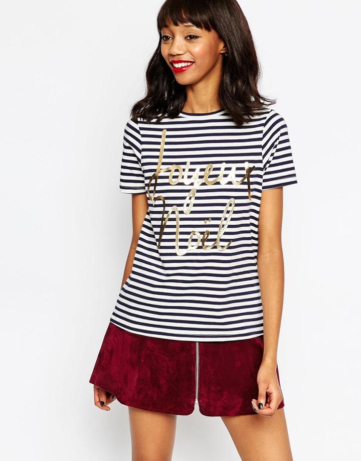 Asos Holidays Stripe T-shirt With Joyeux Noel