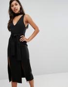 Lavish Alice Keyhole Tie Belt Double Split Midi Dress - Black