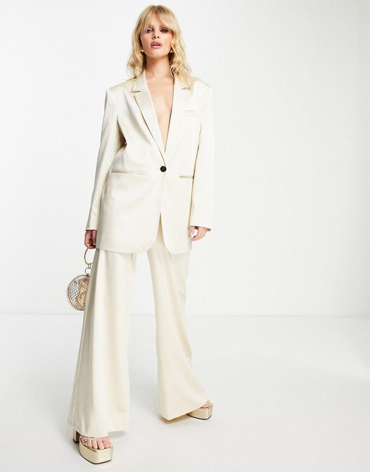 Asos Design Pinstripe Satin High Waisted Wide Leg Suit Pants In Cream-white