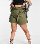 Asos Design Curve Utility Belted Shorts In Olive-green