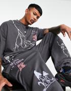 Asos Design Halloween Oversized T-shirt With Multi Placement Gothic Print In Washed Black - Part Of A Set-grey
