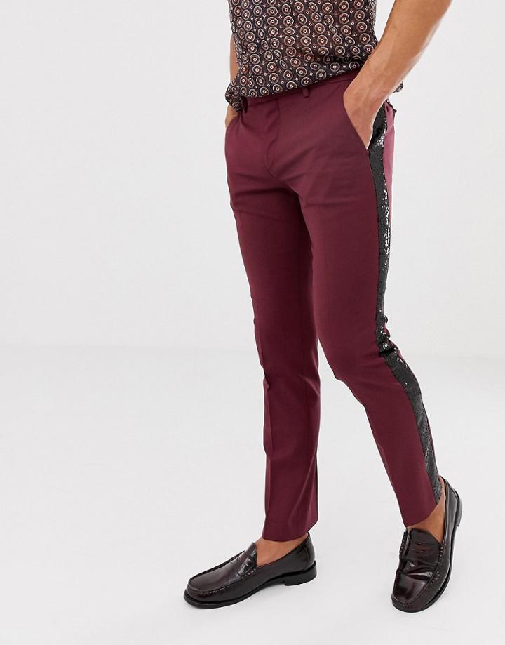Twisted Tailor Skinny Fit Pants In Burgundy With Sequin Stripe - Red