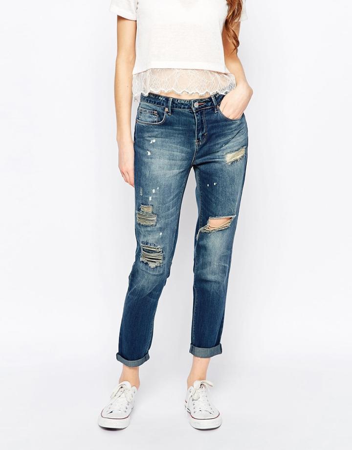 Ditto's Alec Skinny Boyfriend Jeans In Vintage Rip 'n' Repair - Blue