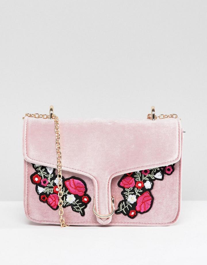 Yoki Fashion Pink Velvet Bag With Embroidered Flowers - Pink