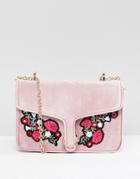 Yoki Fashion Pink Velvet Bag With Embroidered Flowers - Pink