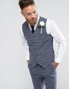 Asos Wedding Skinny Suit Vest Blue Wool Mix Grid Check - Blue