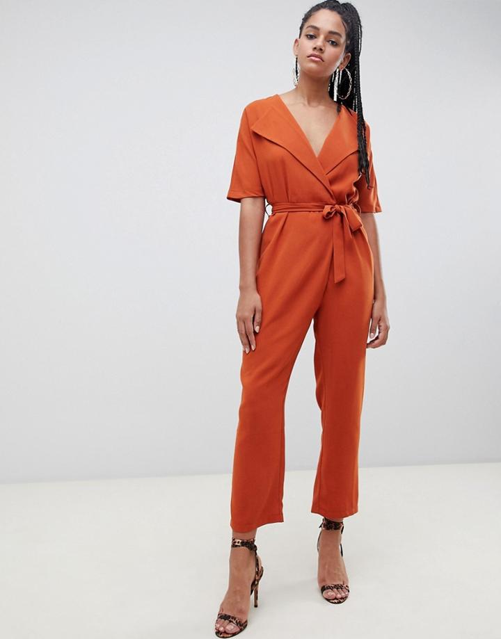 Asos Design Wrap Jumpsuit With Self Belt-brown