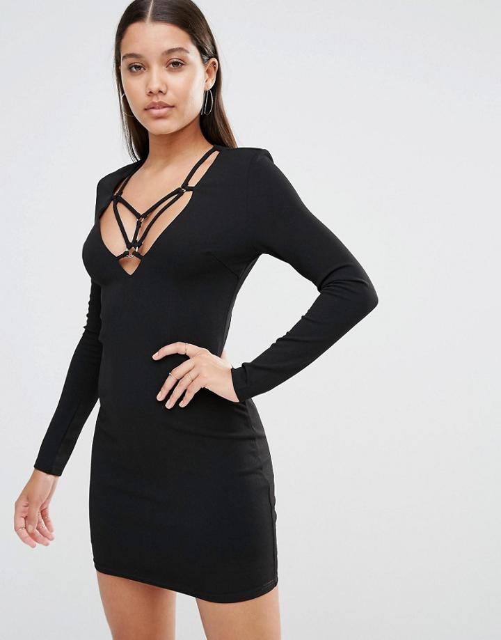 Club L Plunge Bodycon Dress With Harness Detail - Black