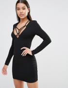 Club L Plunge Bodycon Dress With Harness Detail - Black