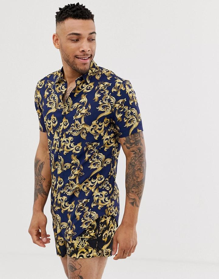 Siksilk Two-piece Short Sleeve Shirt In Navy Baroque Print - Navy