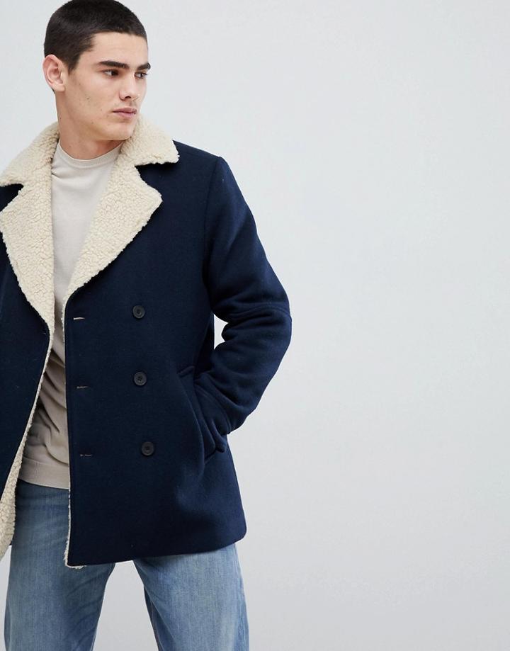 Jefferson Fleece Collar Quilted Navy Wool Blend Coat - Navy