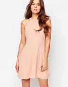 New Look Ruched High Neck Skater Dress - Stone