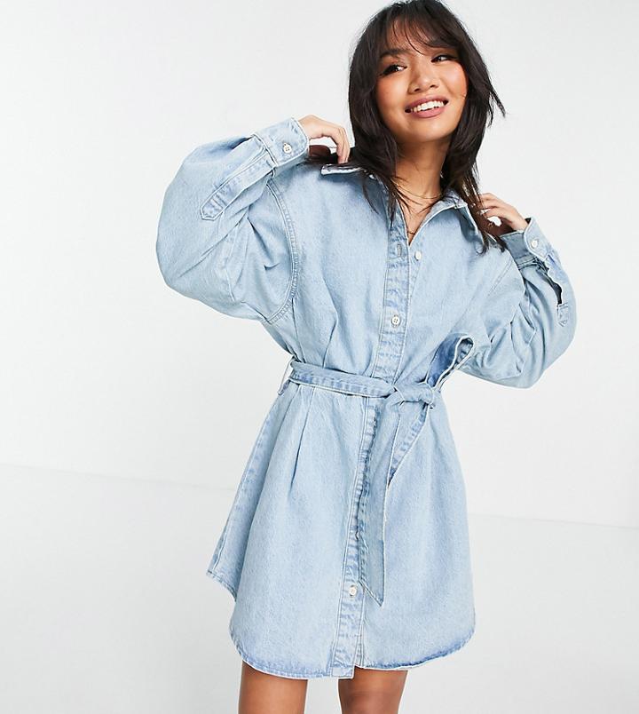 Asos Design Petite Cotton Blend Denim Oversized Belted Shirt Dress In Greencast - Mblue-blues