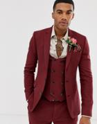 Asos Design Wedding Super Skinny Suit Jacket In Micro Texture Burgundy-red