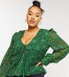 Never Fully Dressed Plus Wrap Volume Sleeve Top Set In Green Leopard Print