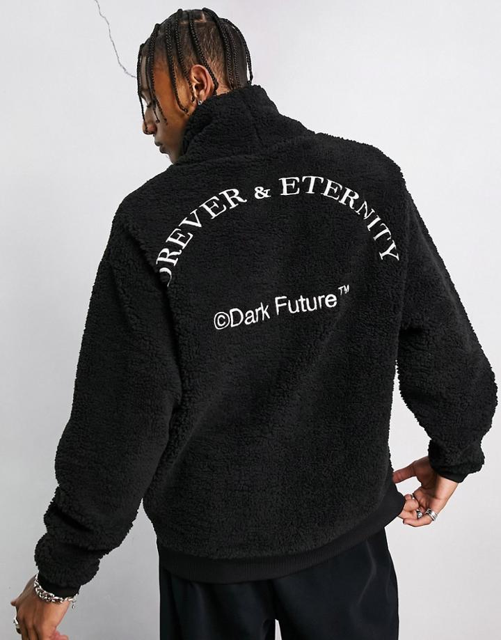 Asos Dark Future Oversized Turtle Neck Sweatshirt In Teddy Fleece With Drawstring And Slogan Embroidery In Black