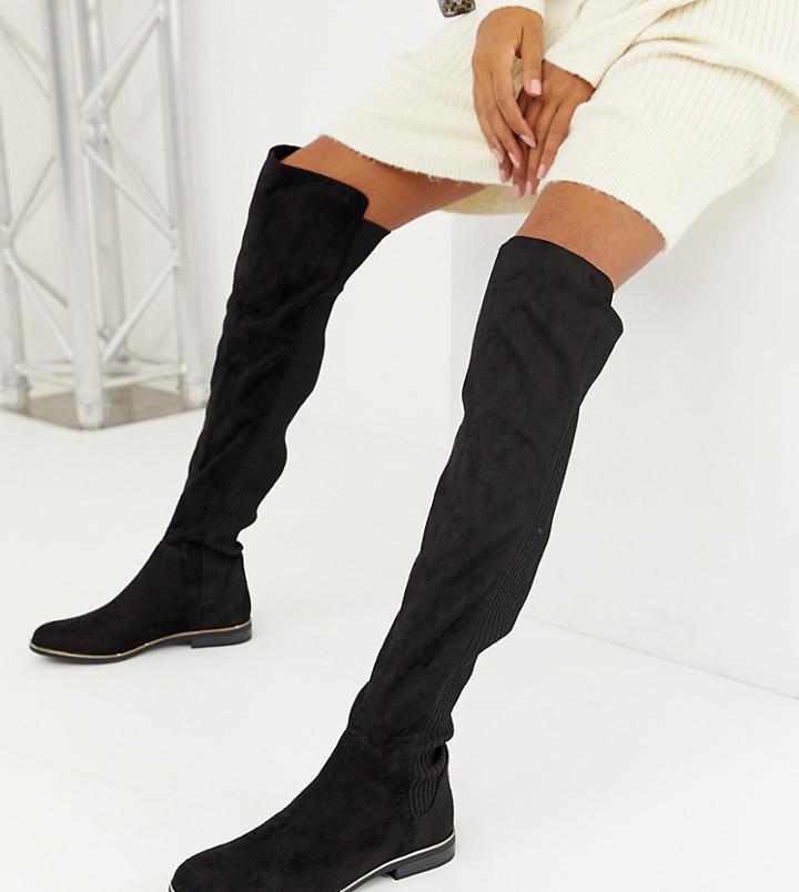 Bershka Ribbed Over The Knee Boot-black