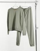 Asos Design Tracksuit Sweat With Shoulder Pads / Oversized Sweatpants In Olive Green-brown