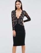 Rare London Pencil Dress With Scallop Lace Bodice And Sleeve - Black