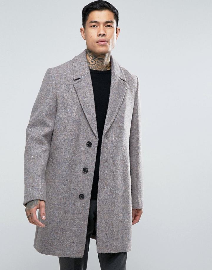 Asos Harris Tweed Overcoat In Pink Melange - Pink
