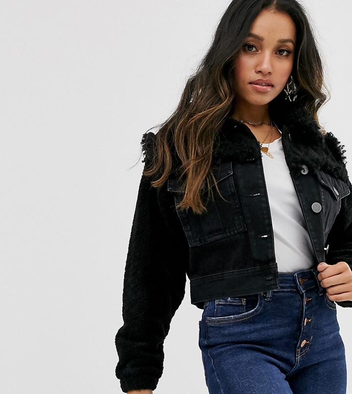 Asos Design Petite Denim Jacket With Borg Detail In Black - Black