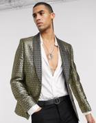Asos Design Slim Jacket In Gold Diamond Jacquard