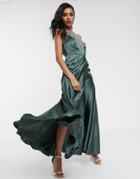 Asos Design Maxi Dress In Satin With Embellished Neck-multi