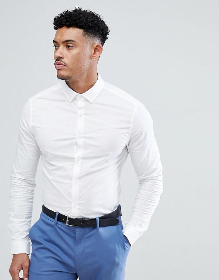 Asos Design Skinny Shirt In White With Button Down Collar - White