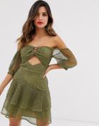 Asos Design Bardot Mini Dress In Broderie Lace With Circle Trim Detail - Green