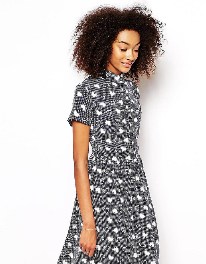 New Look Tall Heart Print Shirt Dress - Blue