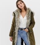 River Island Parka With Faux Fur Trim In Khaki - Green