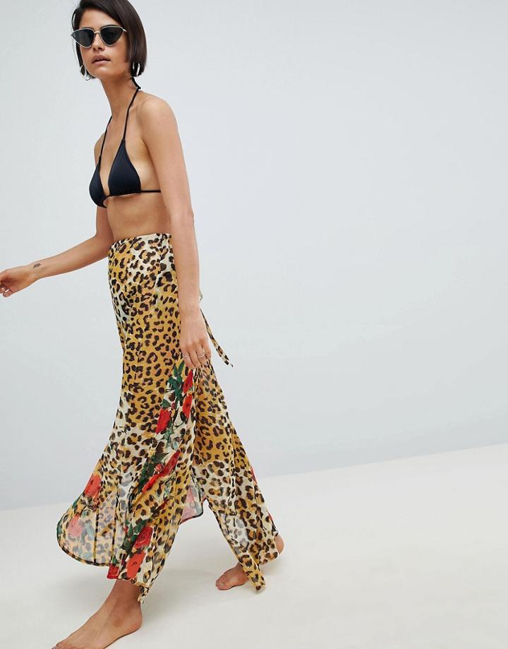 Asos Design Hanky Hem Beach Sarong In Mixed Animal Rose Print - Multi