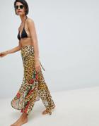 Asos Design Hanky Hem Beach Sarong In Mixed Animal Rose Print - Multi