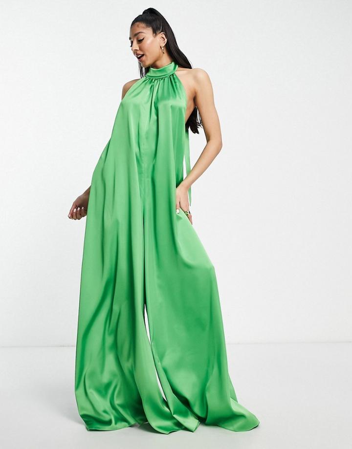 Asos Design Satin Halter Neck Backless Wide Leg Jumpsuit In Bright Green