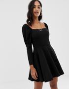 Asos Design Mini Skater Dress With Shoulder Puff - Black