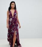 Asos Design Petite Pleated Maxi Dress With Tape Detail In Winter Floral Print-multi