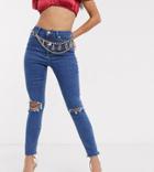 Asos Design Petite Ridley High Waist Skinny Jeans In Bright Midwash Blue With Rips And Raw Hem-purple