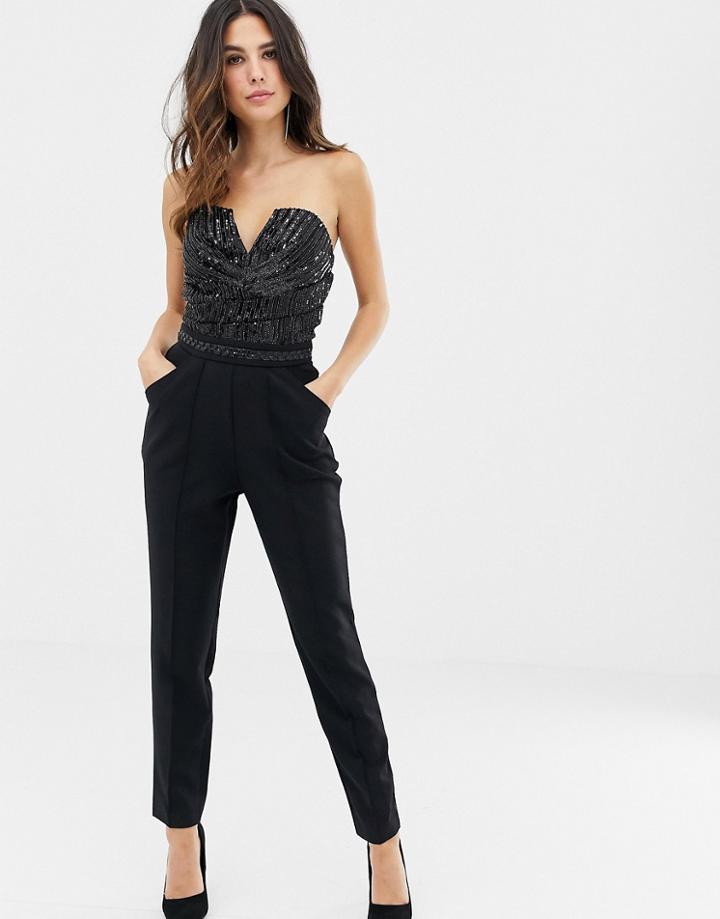 Lipsy Bandeau Jumpsuit With Sequin Detail In Black - Black