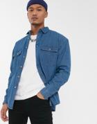 Asos Design Oversized Organic Denim Shirt With Double Pockets In Mid Wash-blue