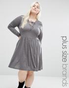 Brave Soul Plus Jersey Skater Dress With Lace Up Front - Gray