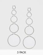 Asos Design Pack Of 5 Hoop Earrings In Mixed Size In Silver Tone - Silver
