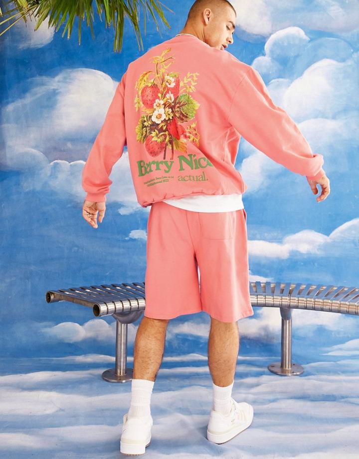 Asos Actual Oversized Sweatshirt With Berry Nice Graphic Print In Coral - Part Of A Set-orange