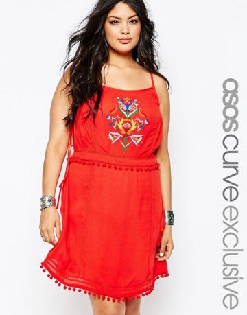 Asos Curve Sundress With Pom Poms - Red