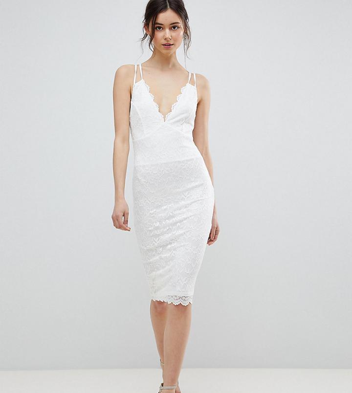 City Goddess Tall Scalloped Edge Lace Midi Dress - White