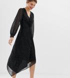 Warehouse Hanky Hem Glitter Midi Dress With Twist Front In Black - Black