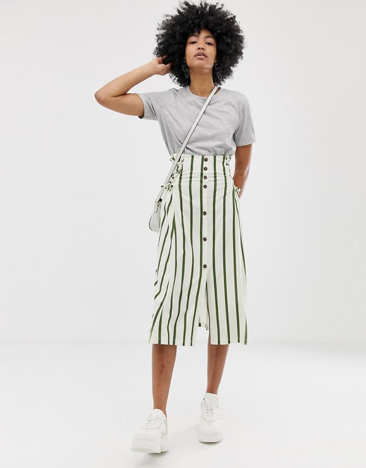 Asos Design Green Stripe Midi Skirt With Elastic Shirred Waistband-multi