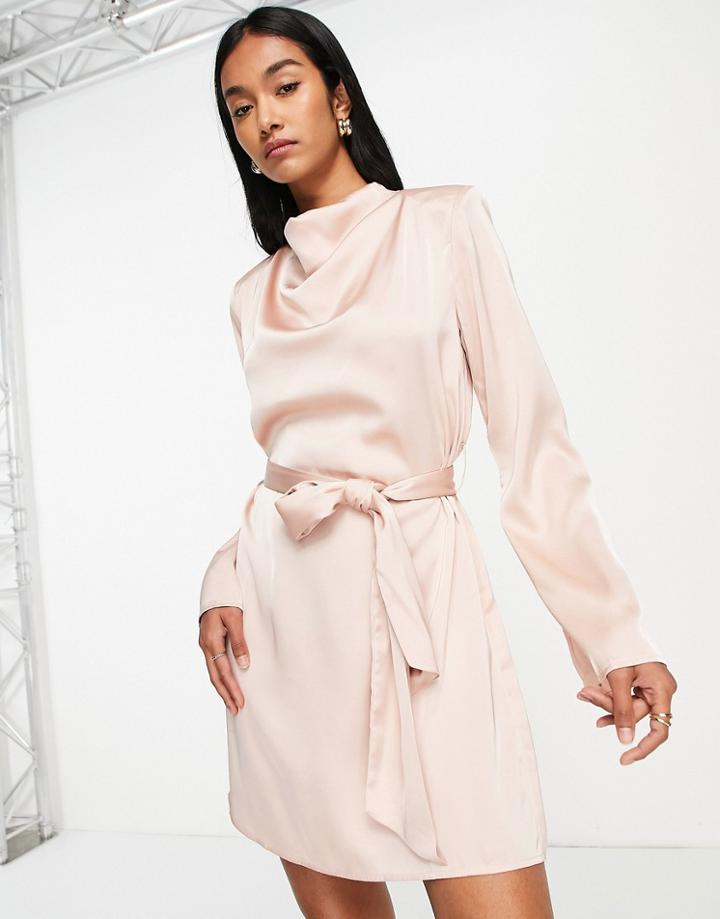 Pretty Lavish Cowl Neck Tie Waist Satin Mini Dress In Blush Pink