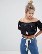 Asos Design Embroidered Mesh Off Shoulder Crop Top - Black