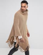 Black Kaviar Poncho With Roll Neck And Fringing - Tan