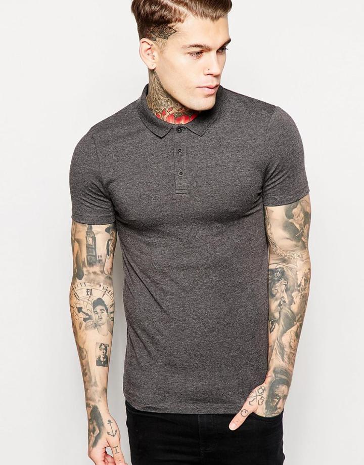 Asos Extreme Muscle Long Sleeve Stretch Jersey Polo In Charcoal - Charcoal Marl